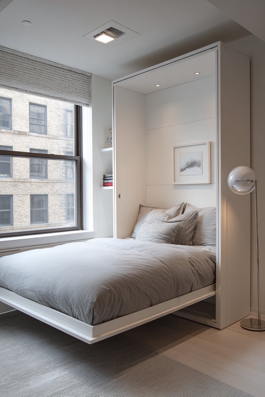 Deployed white lacquer Murphy bed with grey bedding, slim floor lamp and honeycomb shade on grey vinyl floor