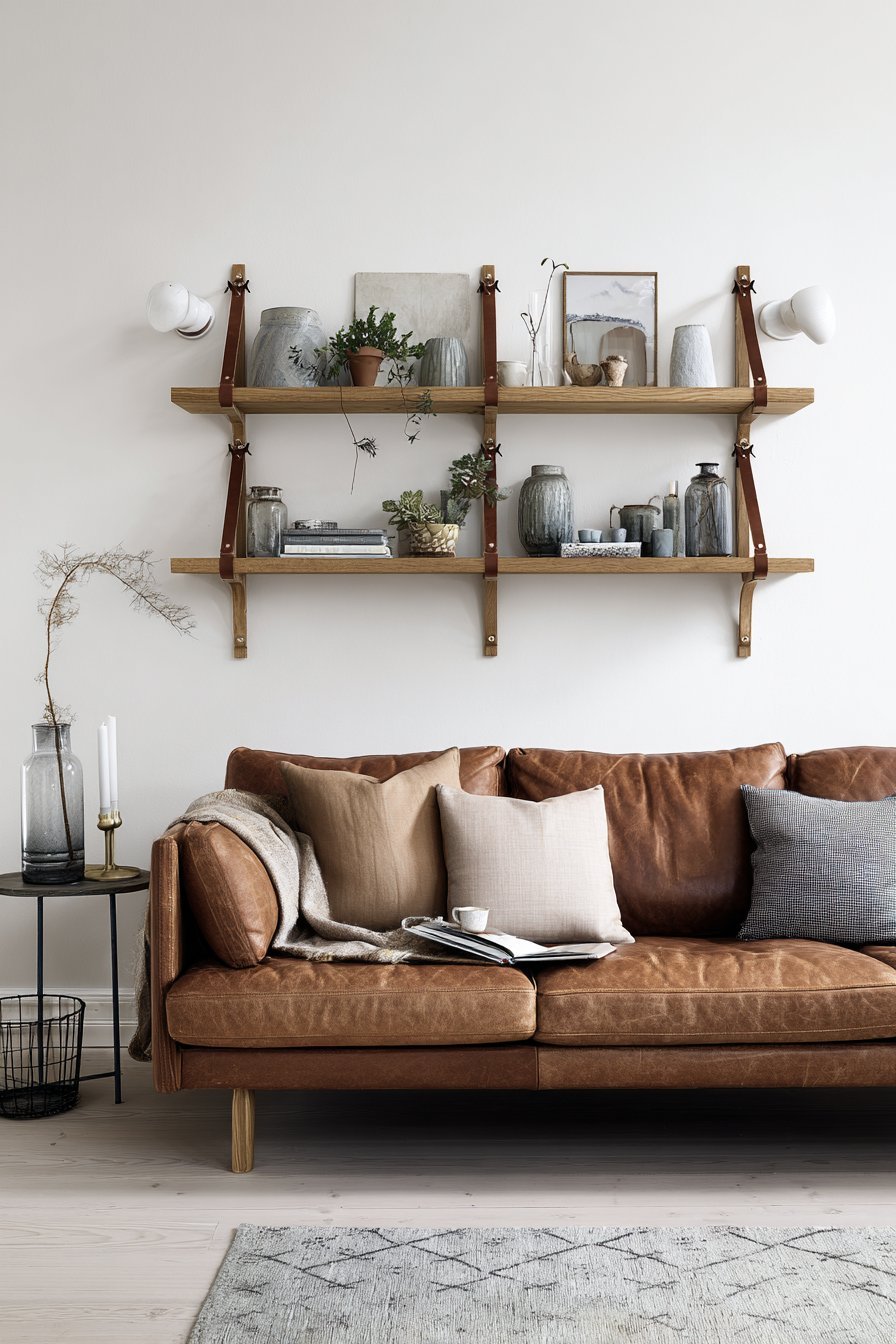 Suspended oak shelves on leather straps above a camel leather sofa with wall sconces and vintage rug