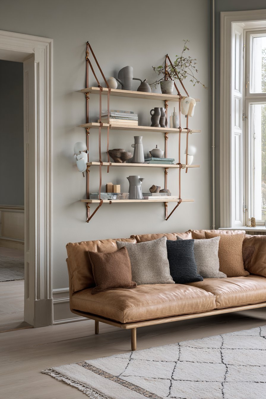 Suspended oak shelves on leather straps above a camel leather sofa with wall sconces and vintage rug