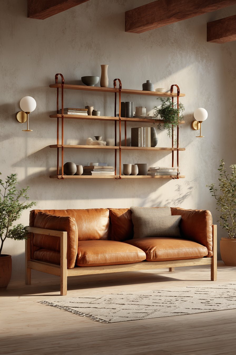 Suspended oak shelves on leather straps above a camel leather sofa with wall sconces and vintage rug