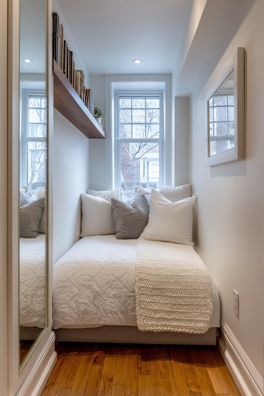 Full-length wall mirror beside a grey queen bed with floating shelf nightstand and oak flooring