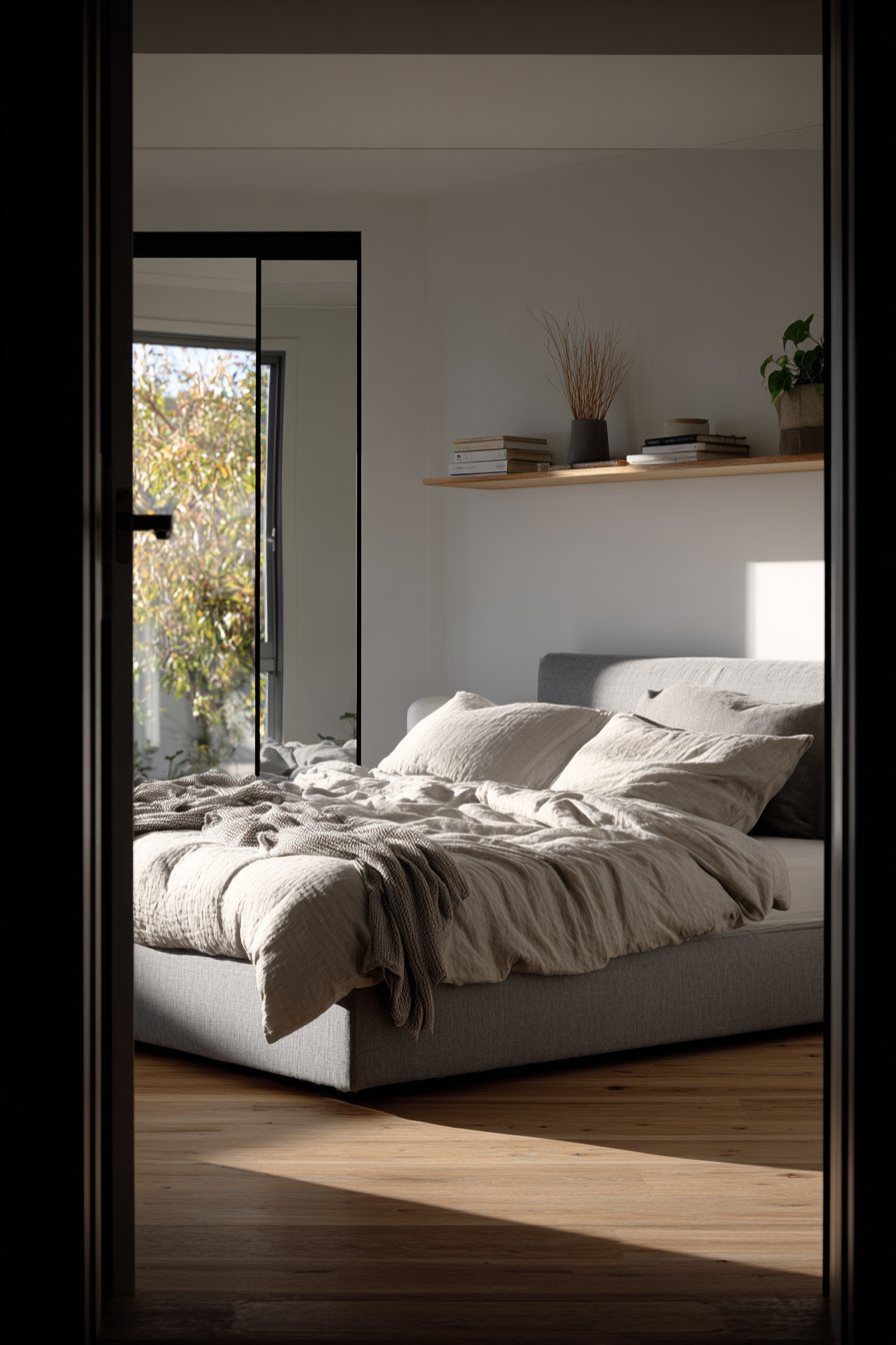 Full-length wall mirror beside a grey queen bed with floating shelf nightstand and oak flooring