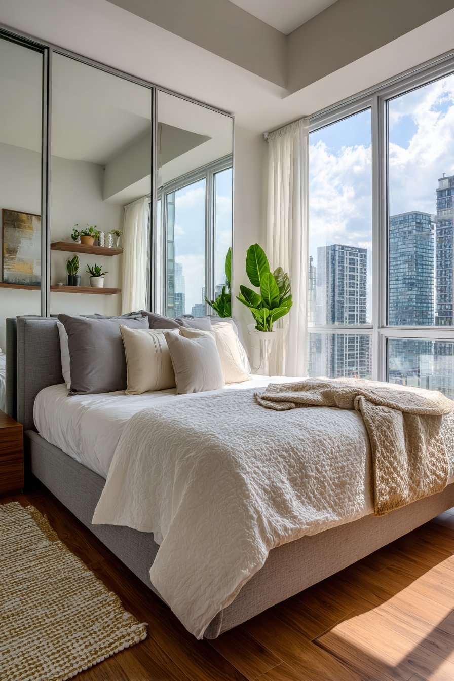 Full-length wall mirror beside a grey queen bed with floating shelf nightstand and oak flooring