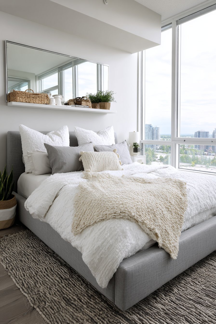 Full-length wall mirror beside a grey queen bed with floating shelf nightstand and oak flooring