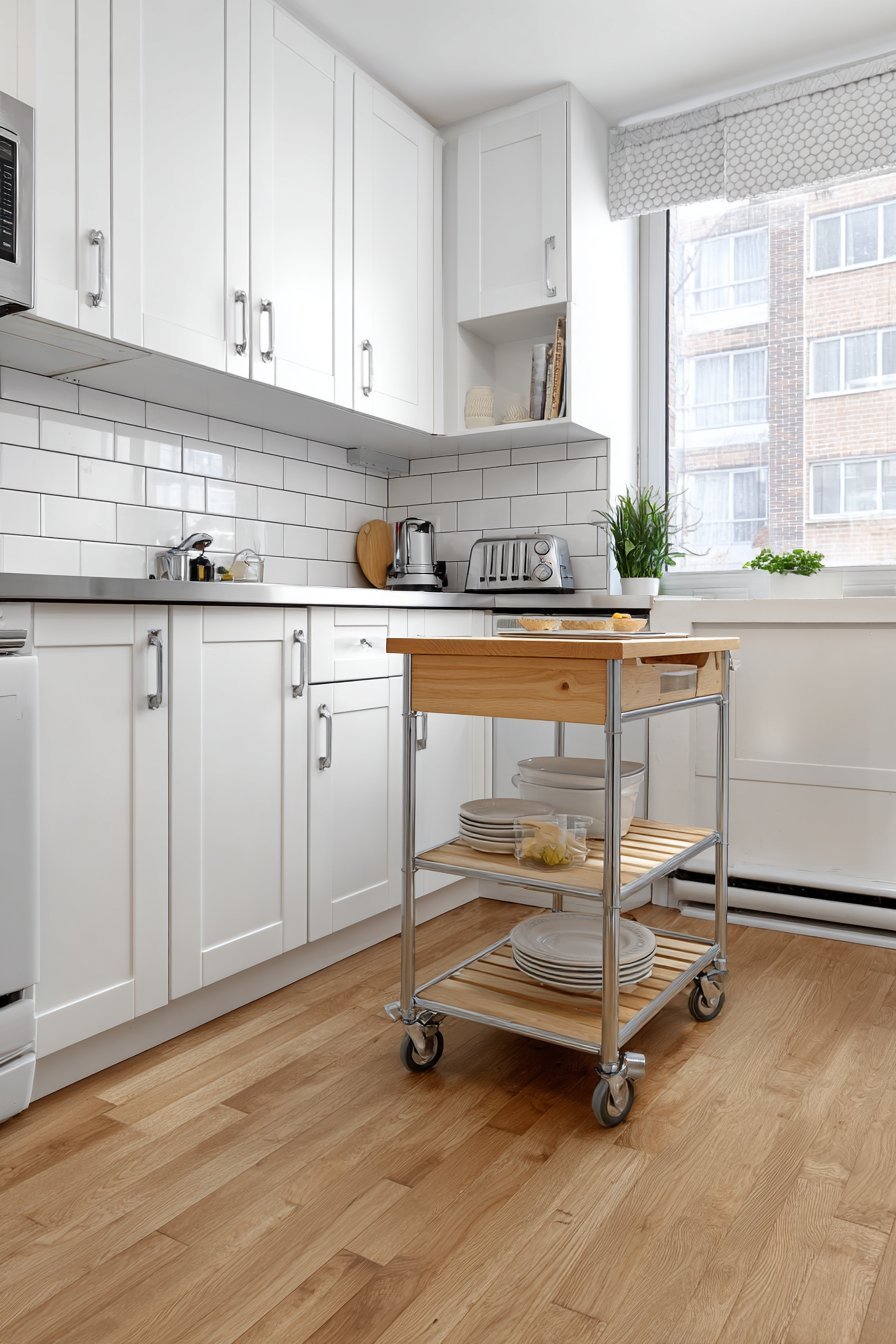 Two-tier wood kitchen cart beside white shaker cabinets and a subway tile backsplash