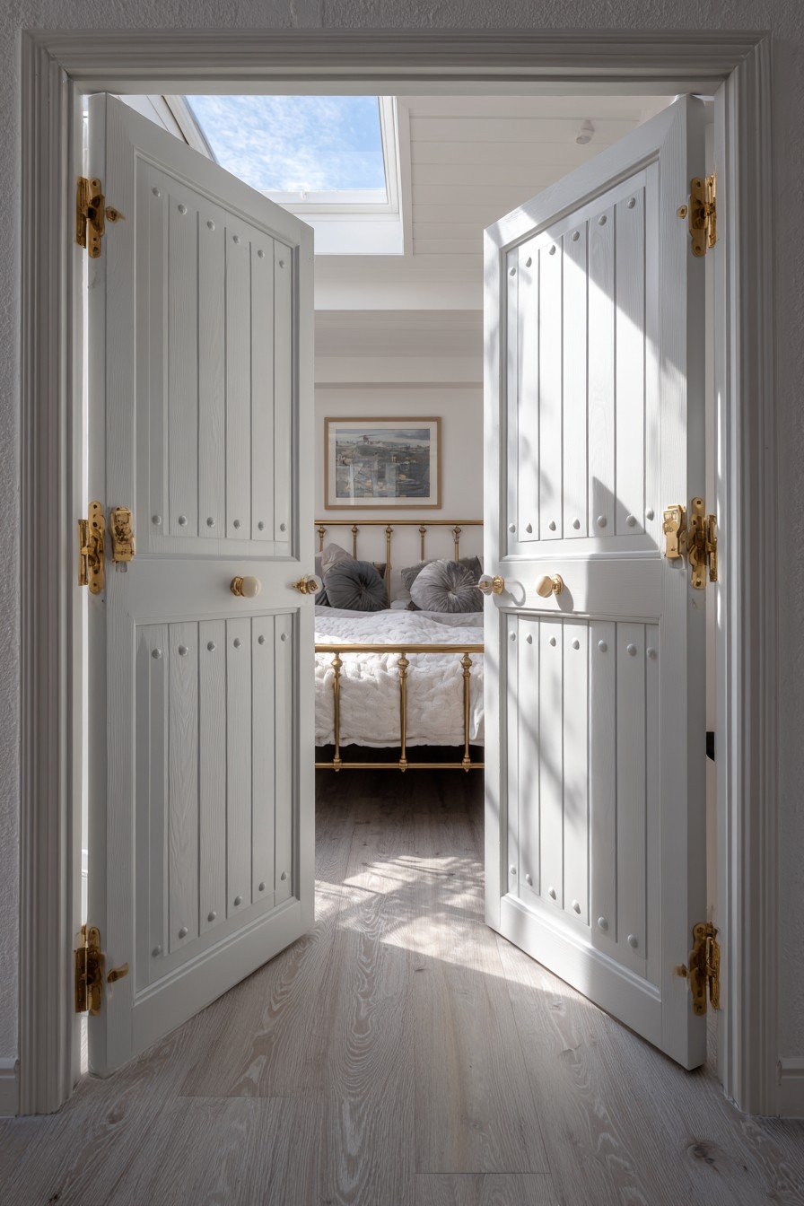 White Dutch bedroom door with beadboard panels and ceramic knobs, top half open onto an iron bed