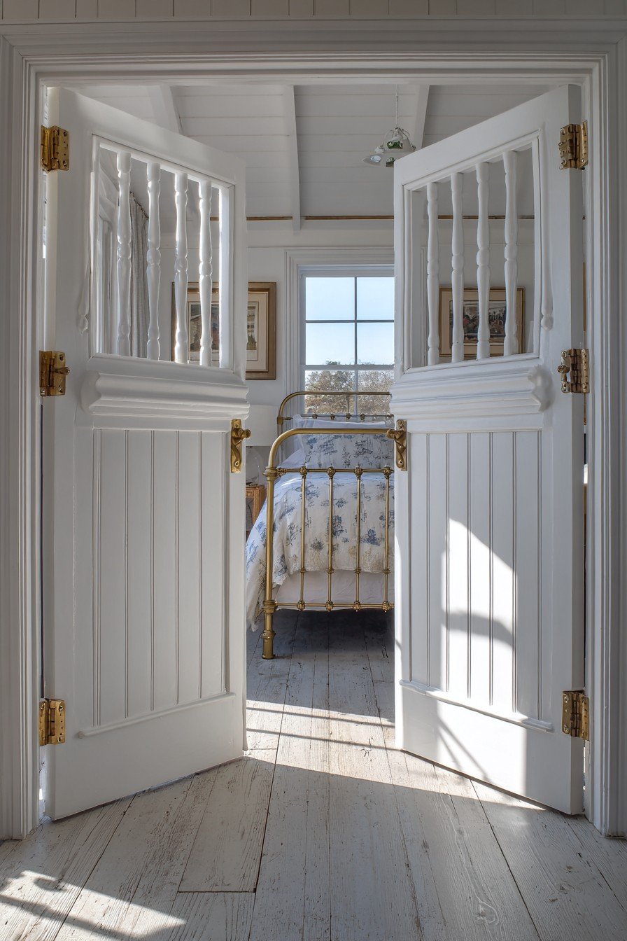 White Dutch bedroom door with beadboard panels and ceramic knobs, top half open onto an iron bed