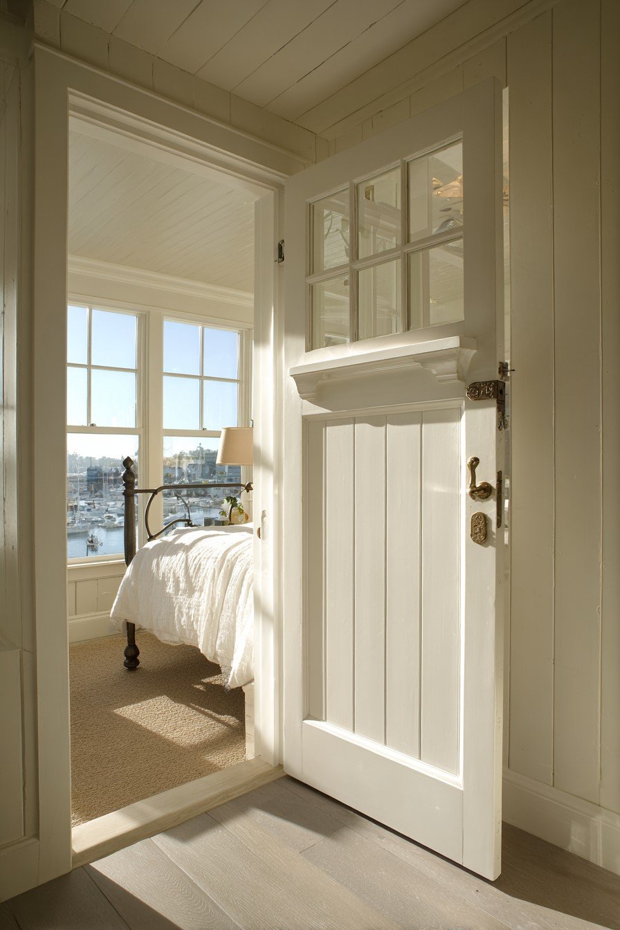 White Dutch bedroom door with beadboard panels and ceramic knobs, top half open onto an iron bed