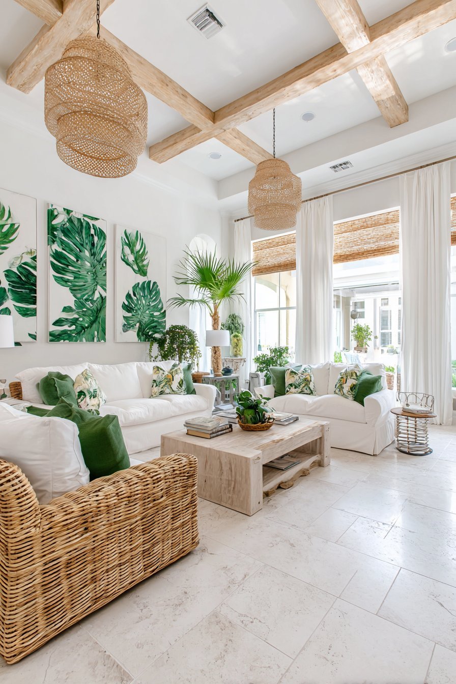 Tropical living room with banana leaf prints, rattan wall plates, palm fronds and white linen sectional