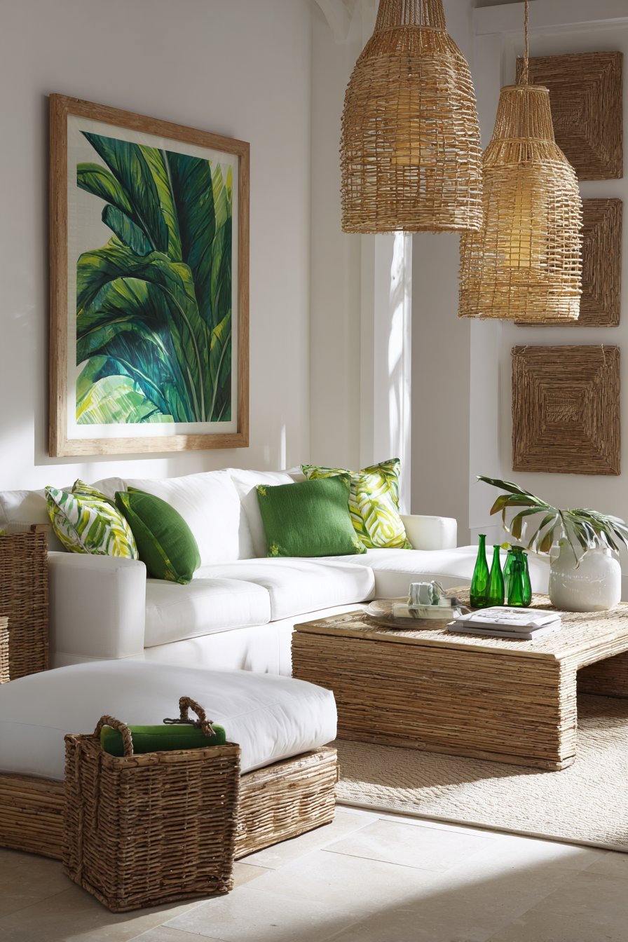 Tropical living room with banana leaf prints, rattan wall plates, palm fronds and white linen sectional