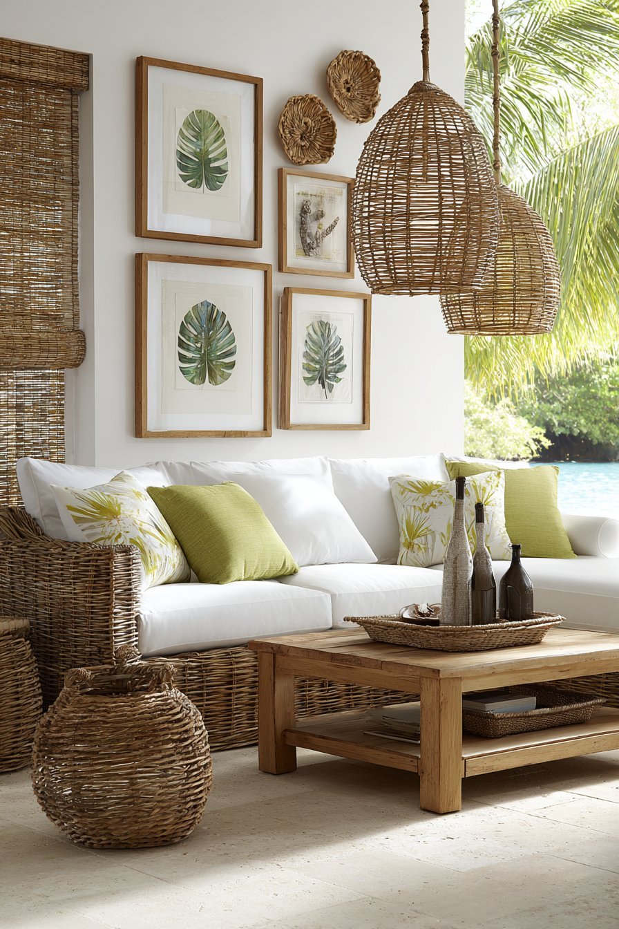 Tropical living room with banana leaf prints, rattan wall plates, palm fronds and white linen sectional