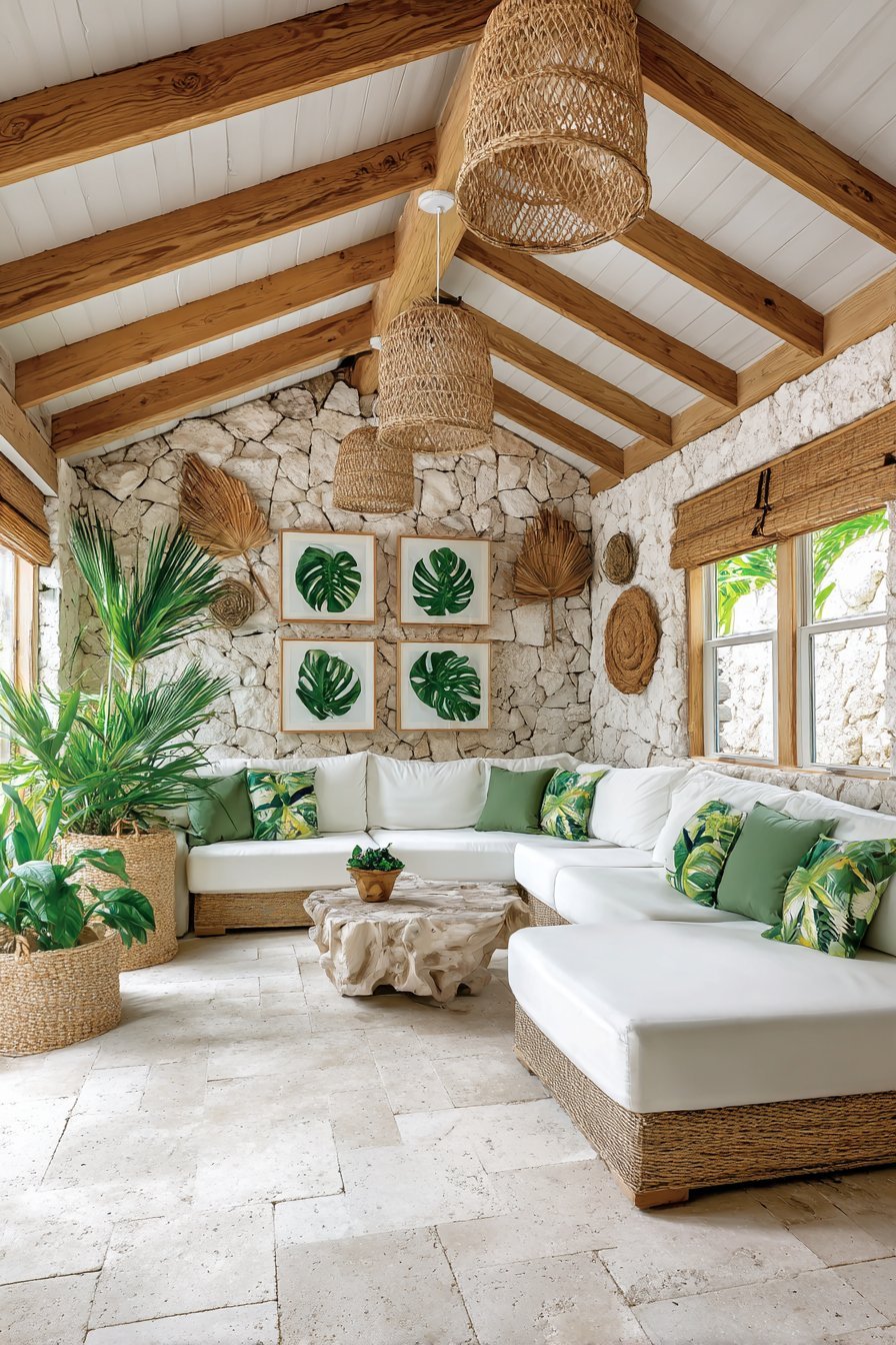 Tropical living room with banana leaf prints, rattan wall plates, palm fronds and white linen sectional
