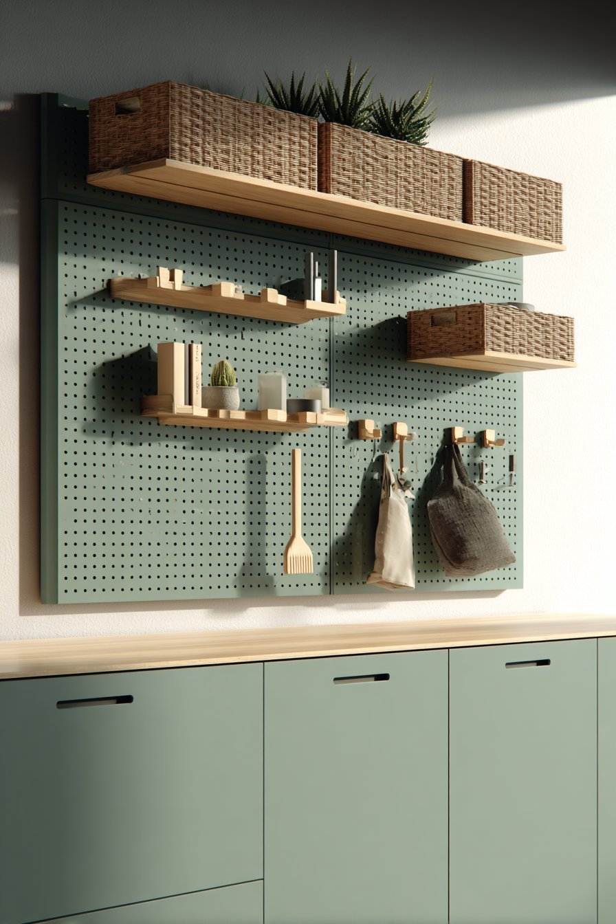 Sage green pegboard with wooden pegs, small baskets, hooks for throws and shelves with succulents