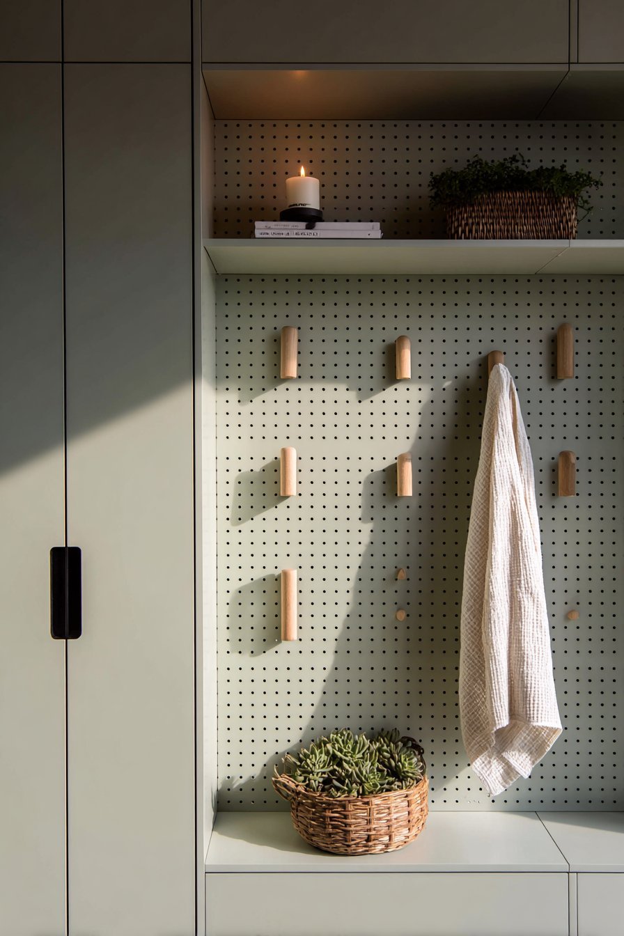 Sage green pegboard with wooden pegs, small baskets, hooks for throws and shelves with succulents