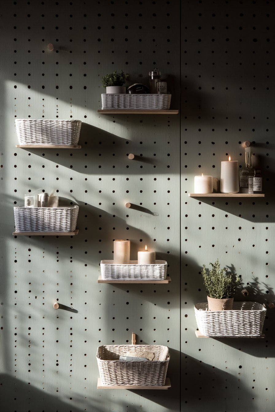 Sage green pegboard with wooden pegs, small baskets, hooks for throws and shelves with succulents