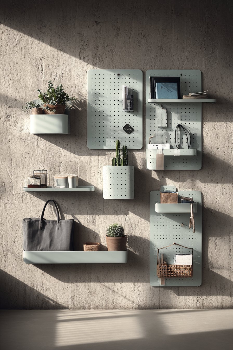 Sage green pegboard with wooden pegs, small baskets, hooks for throws and shelves with succulents