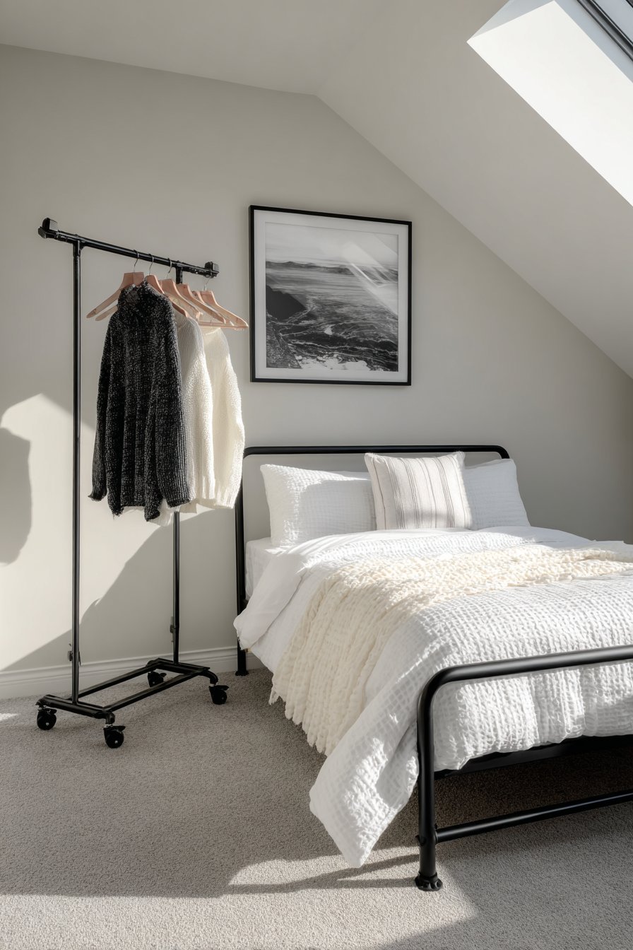 Matte black metal bed, rolling black clothing rack, large black and white print and skylight on grey concrete