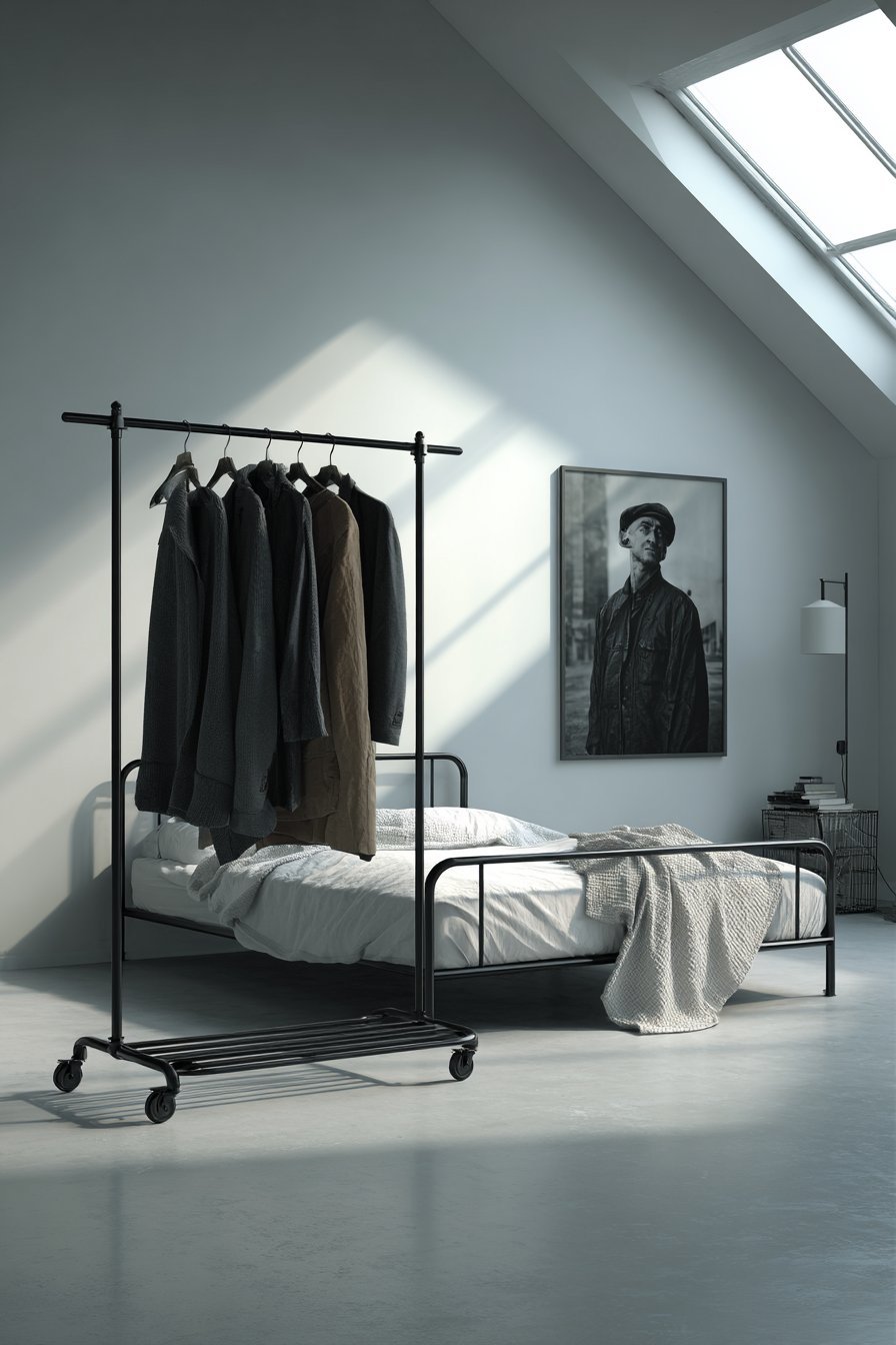 Matte black metal bed, rolling black clothing rack, large black and white print and skylight on grey concrete