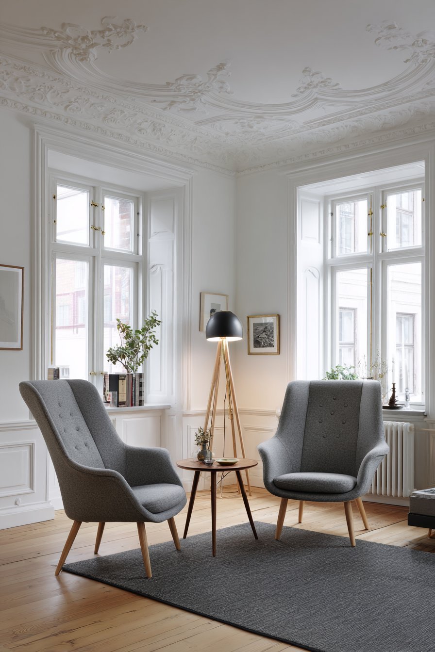 Two grey wool armchairs with carved oak frames flanking a walnut side table and wooden tripod floor lamp