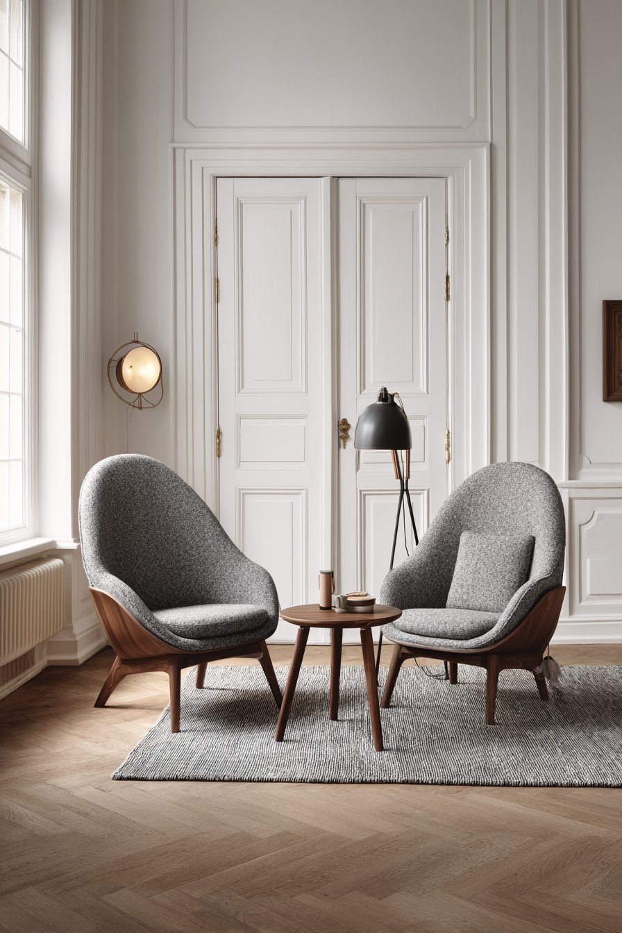 Two grey wool armchairs with carved oak frames flanking a walnut side table and wooden tripod floor lamp