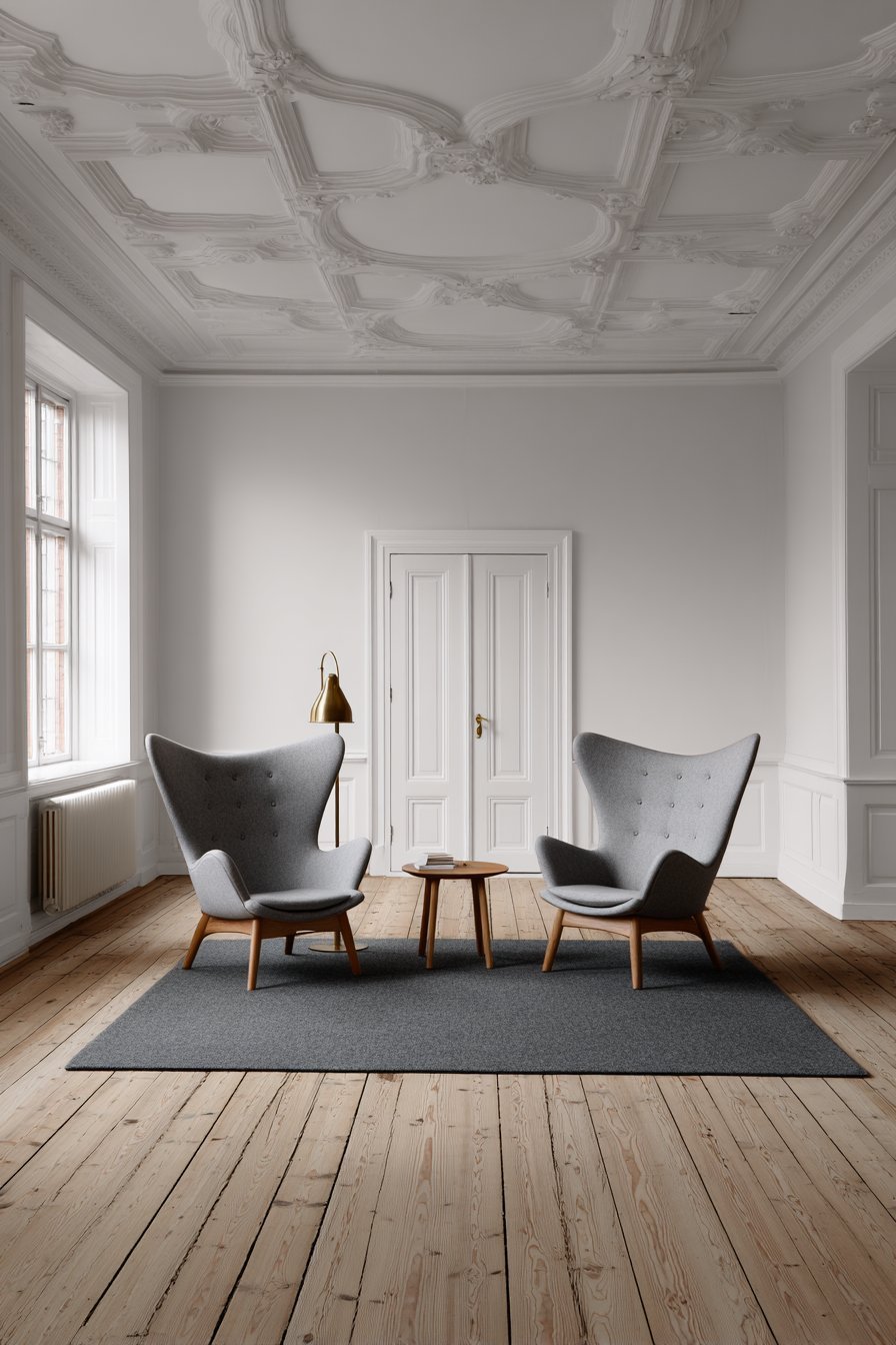 Two grey wool armchairs with carved oak frames flanking a walnut side table and wooden tripod floor lamp