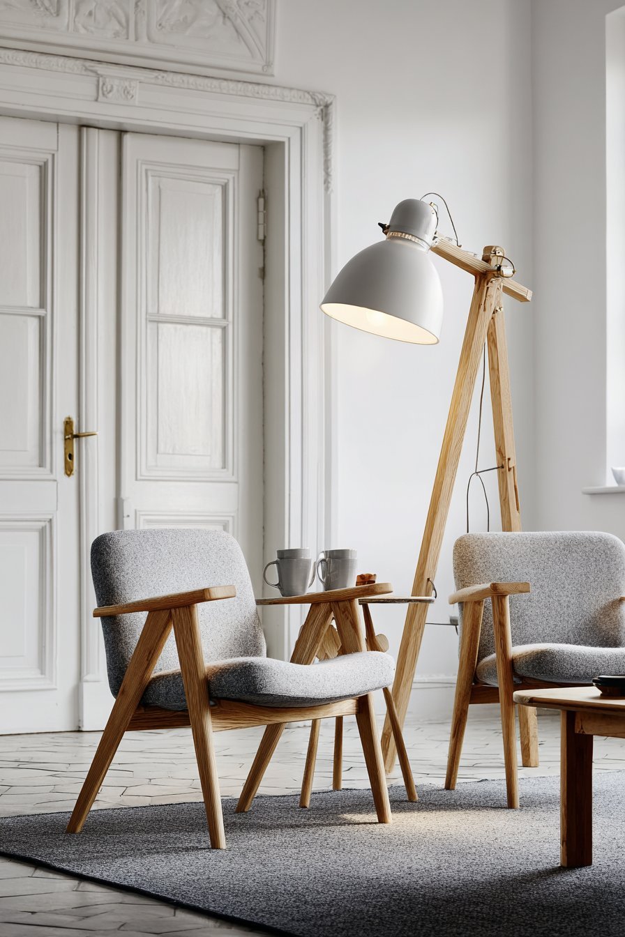 Two grey wool armchairs with carved oak frames flanking a walnut side table and wooden tripod floor lamp