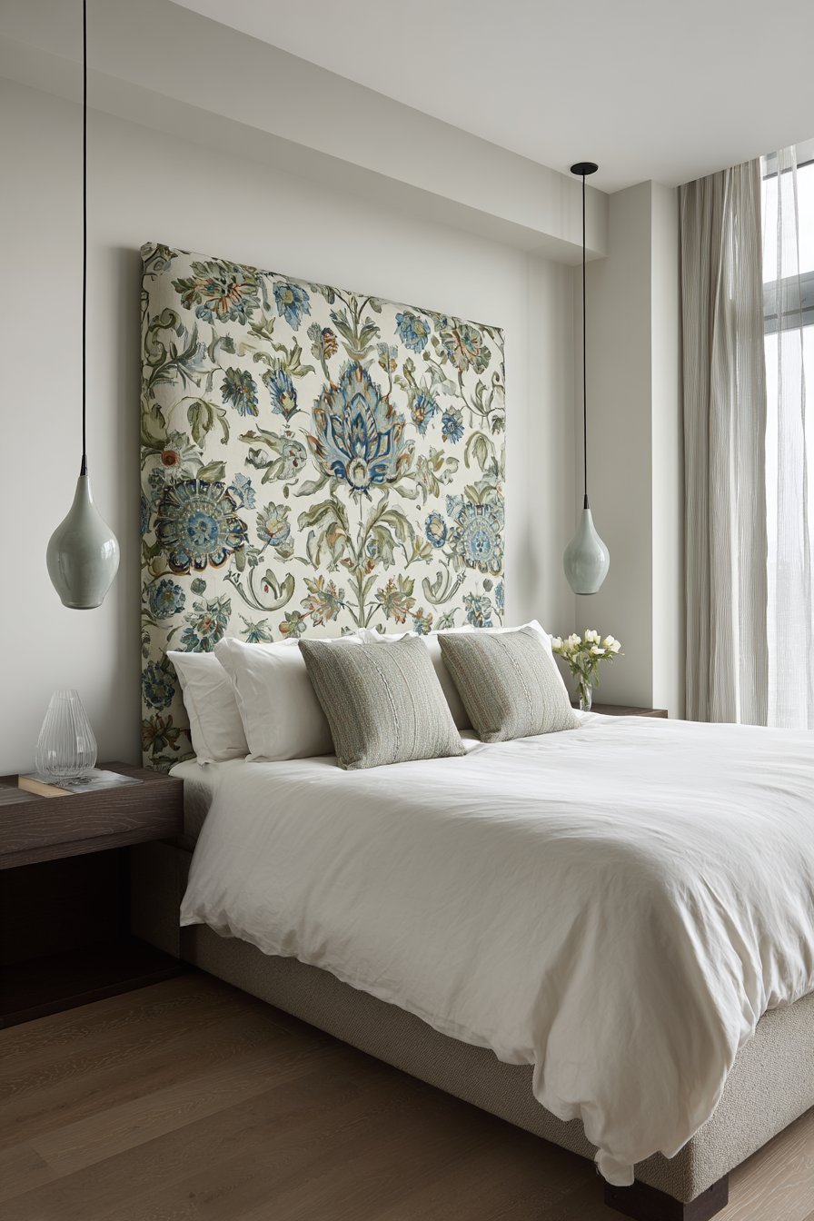 Blue and green floral upholstered headboard with white bedding and fabric-cord pendant lights