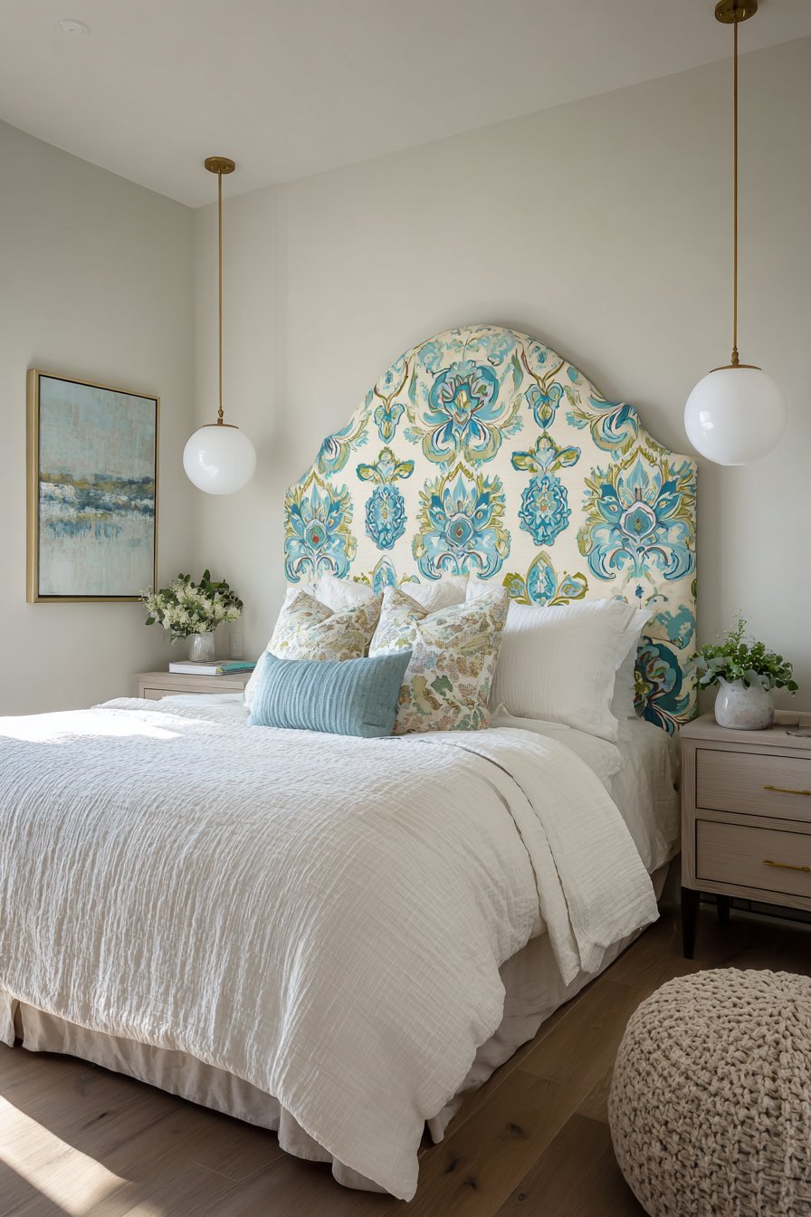 Blue and green floral upholstered headboard with white bedding and fabric-cord pendant lights