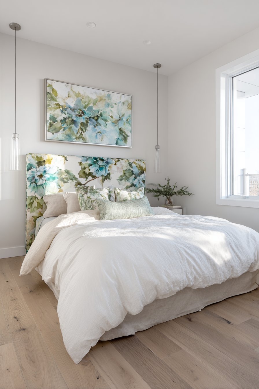 Blue and green floral upholstered headboard with white bedding and fabric-cord pendant lights