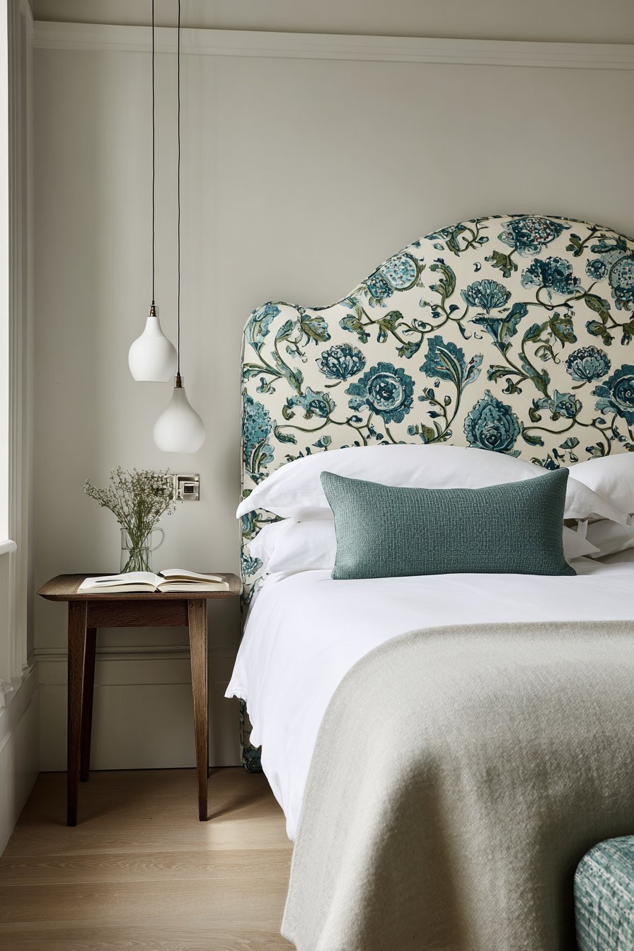 Blue and green floral upholstered headboard with white bedding and fabric-cord pendant lights
