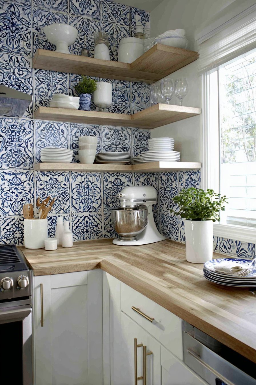 Blue and white Moroccan tile backsplash with white flat-panel cabinets and butcher block counters