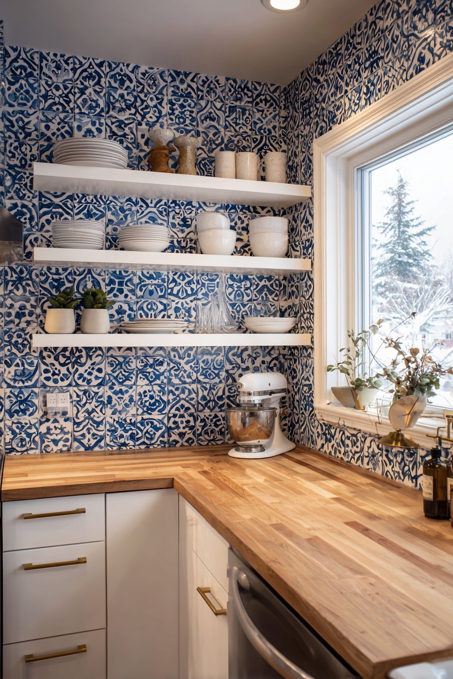 Blue and white Moroccan tile backsplash with white flat-panel cabinets and butcher block counters