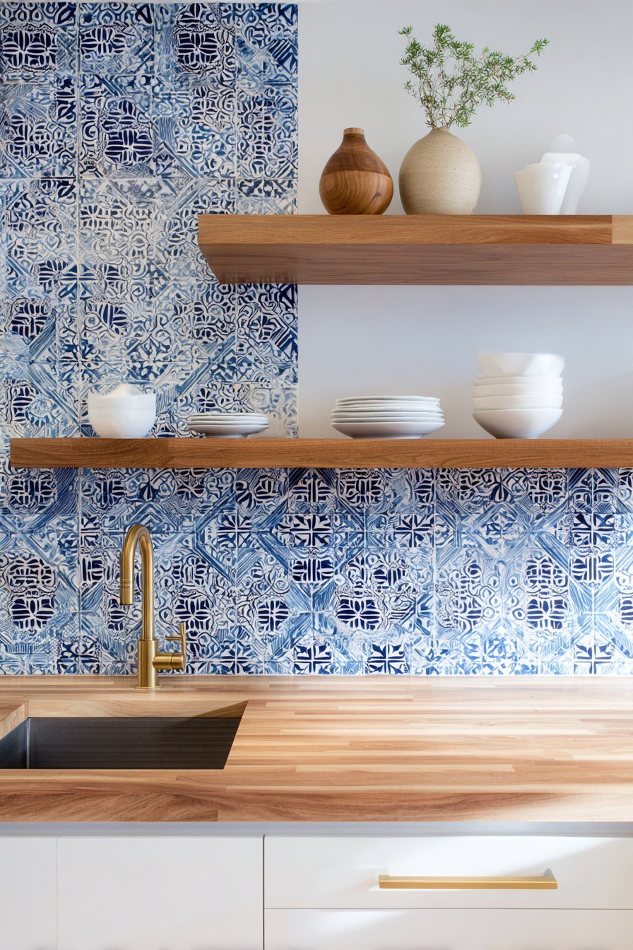 Blue and white Moroccan tile backsplash with white flat-panel cabinets and butcher block counters
