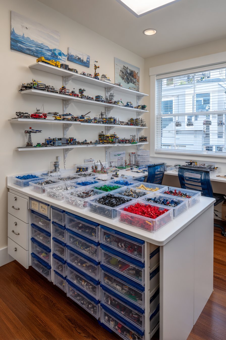Counter-top unit of 40 clear small drawers holding Lego sorted by color and type with shelves of builds above