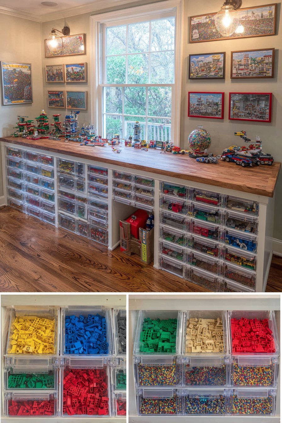 Counter-top unit of 40 clear small drawers holding Lego sorted by color and type with shelves of builds above
