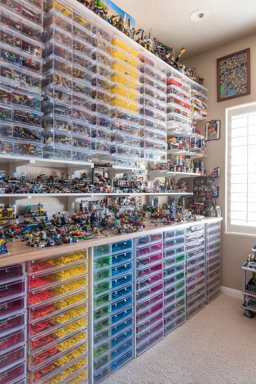 Counter-top unit of 40 clear small drawers holding Lego sorted by color and type with shelves of builds above