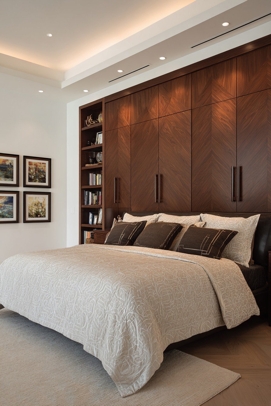 Nine-foot book-matched walnut bedroom door with recessed bronze pulls and cove lighting on white walls