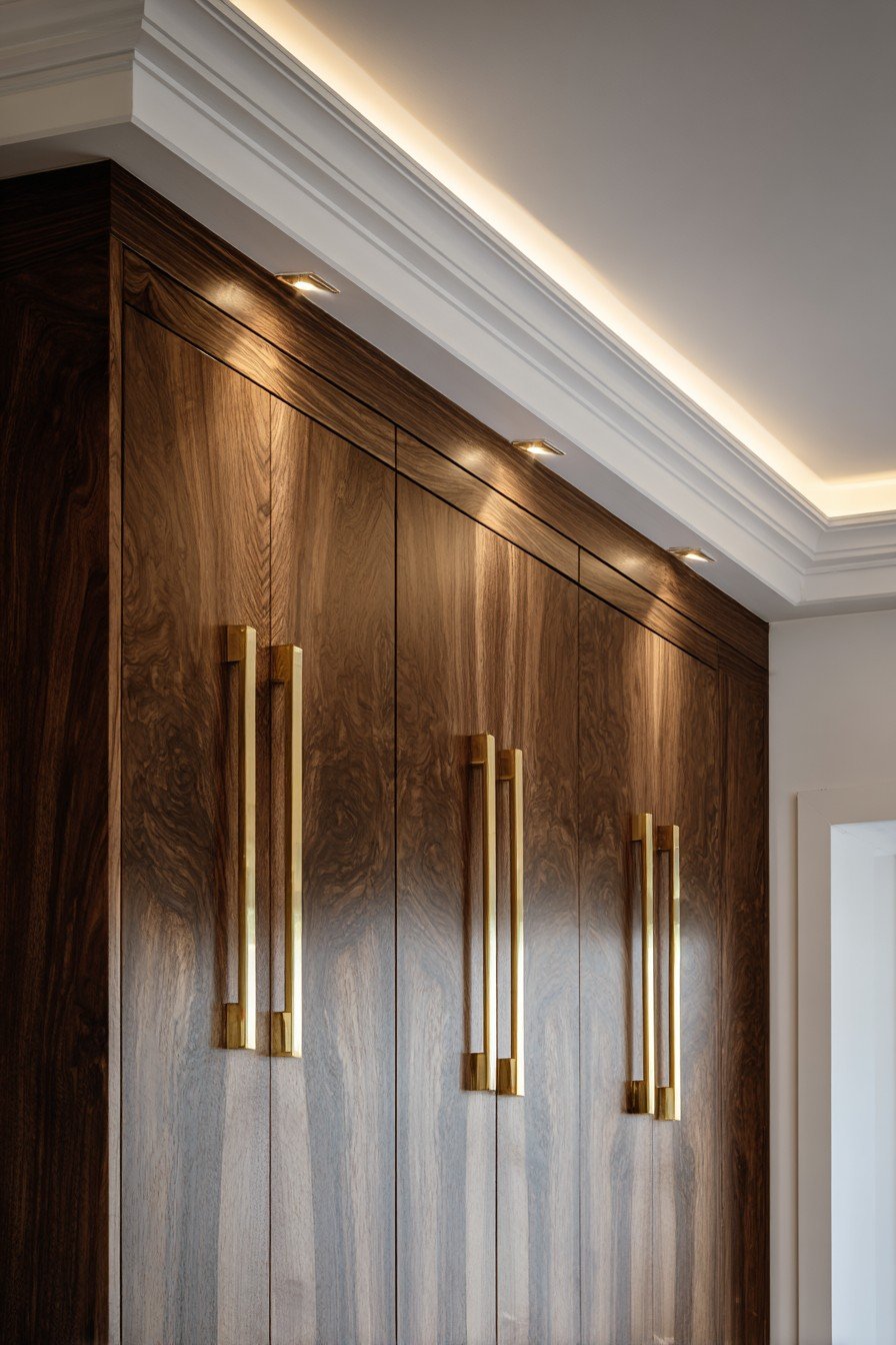 Nine-foot book-matched walnut bedroom door with recessed bronze pulls and cove lighting on white walls