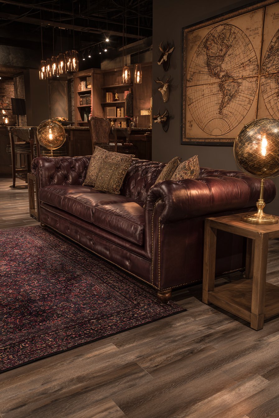 Moody study-style living room with vintage maps, leather book spines and brown Chesterfield beside a marble fireplace