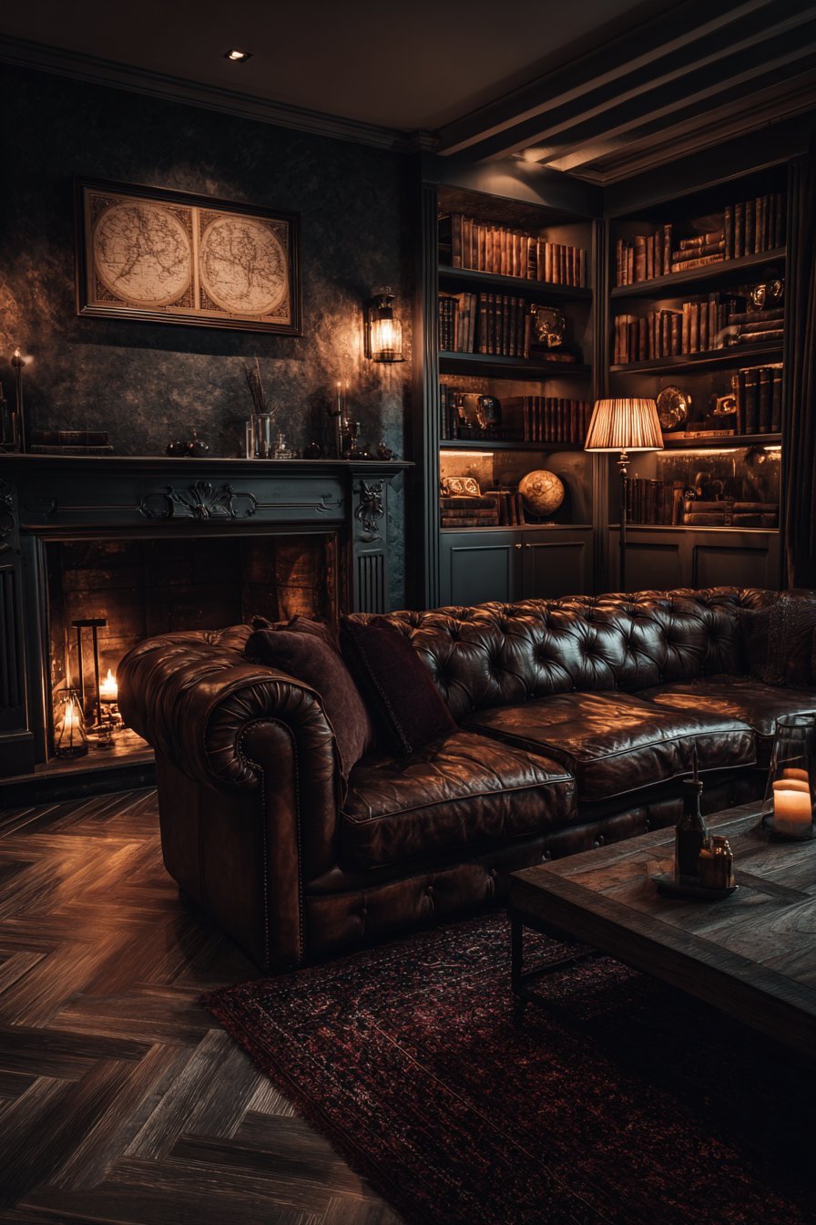 Moody study-style living room with vintage maps, leather book spines and brown Chesterfield beside a marble fireplace