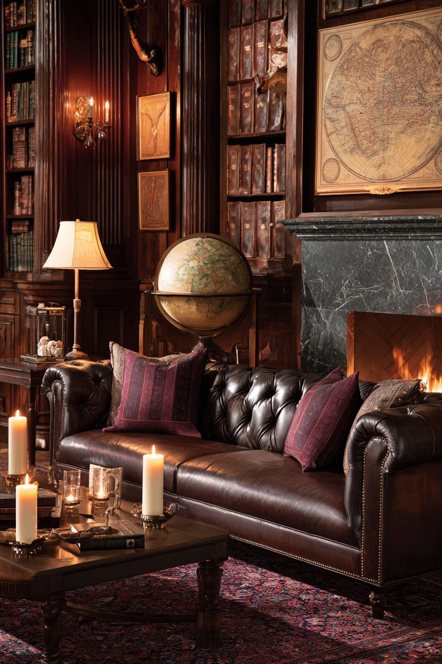 Moody study-style living room with vintage maps, leather book spines and brown Chesterfield beside a marble fireplace