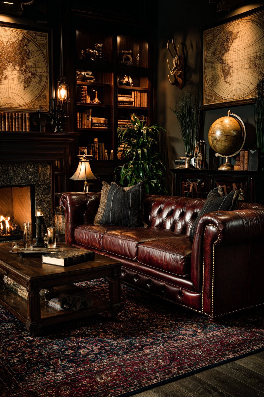 Moody study-style living room with vintage maps, leather book spines and brown Chesterfield beside a marble fireplace
