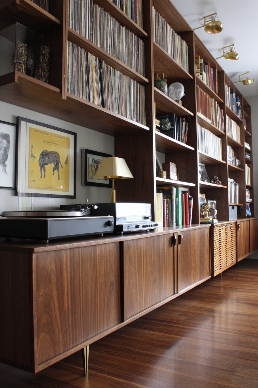 Teak mid-century wall unit with open cubbies, tambour doors, record storage and turntable