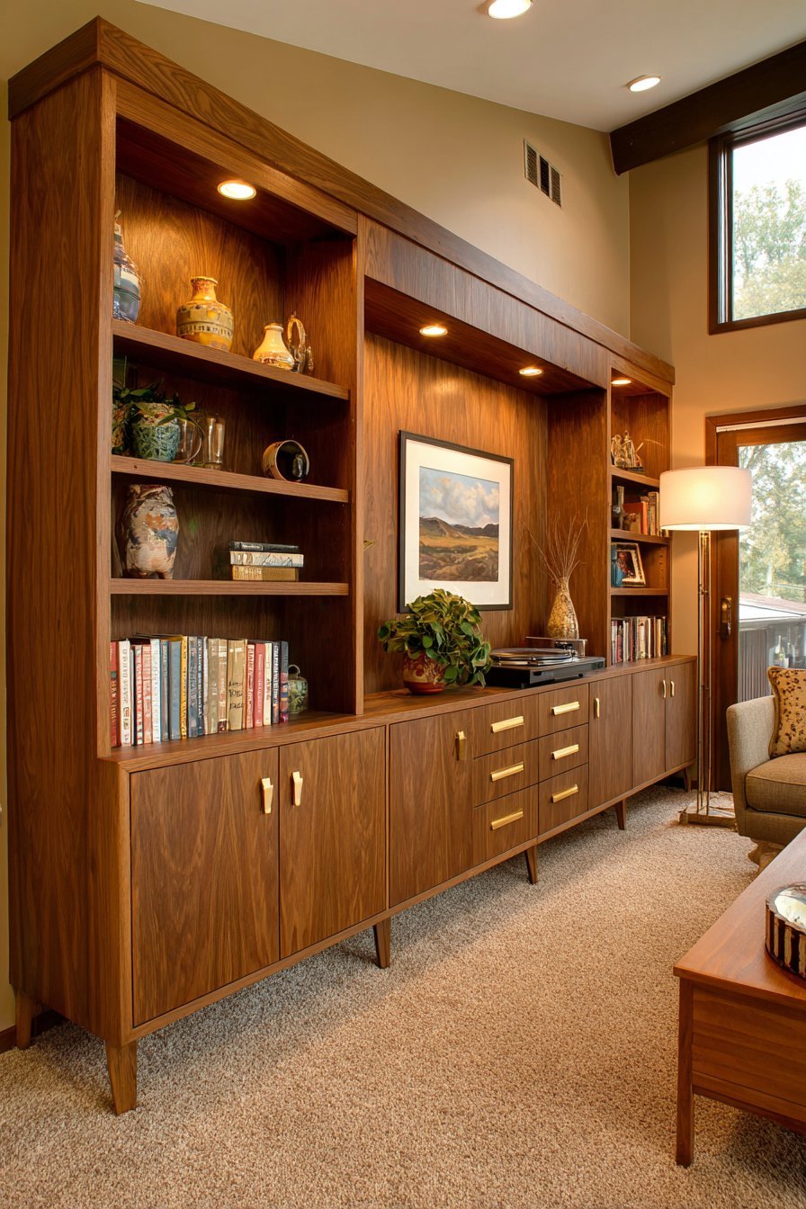 Teak mid-century wall unit with open cubbies, tambour doors, record storage and turntable