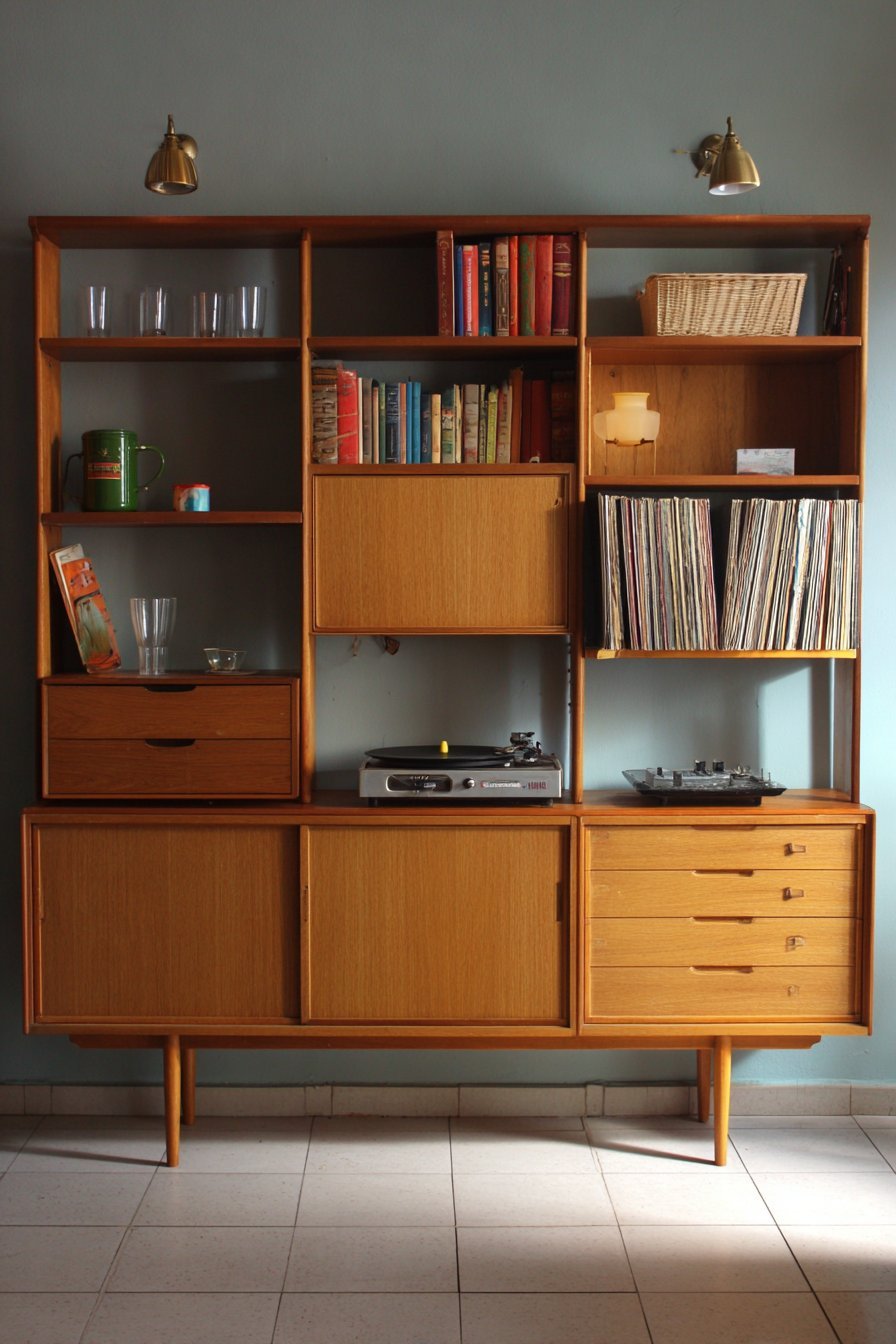 Teak mid-century wall unit with open cubbies, tambour doors, record storage and turntable