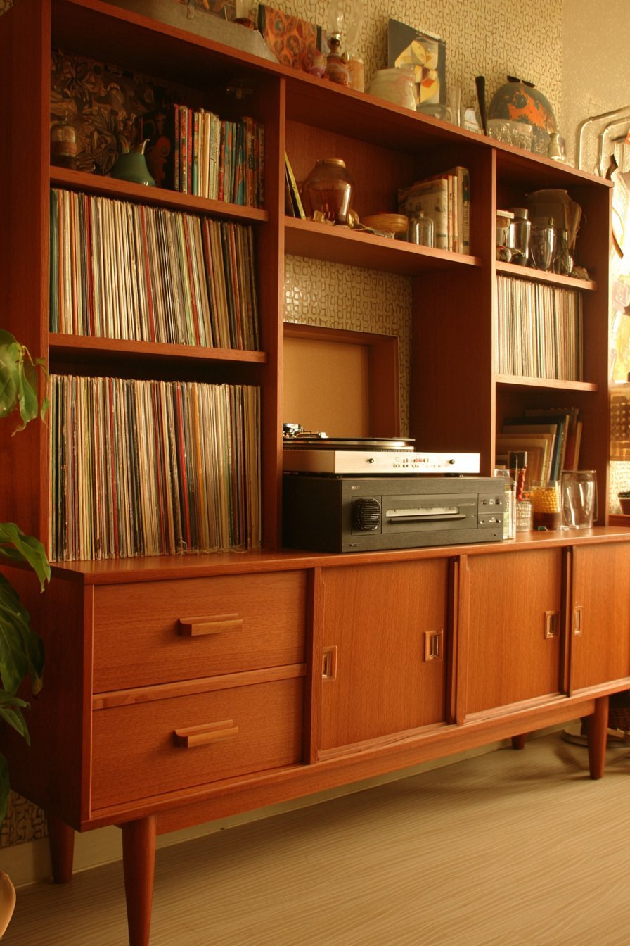 Teak mid-century wall unit with open cubbies, tambour doors, record storage and turntable