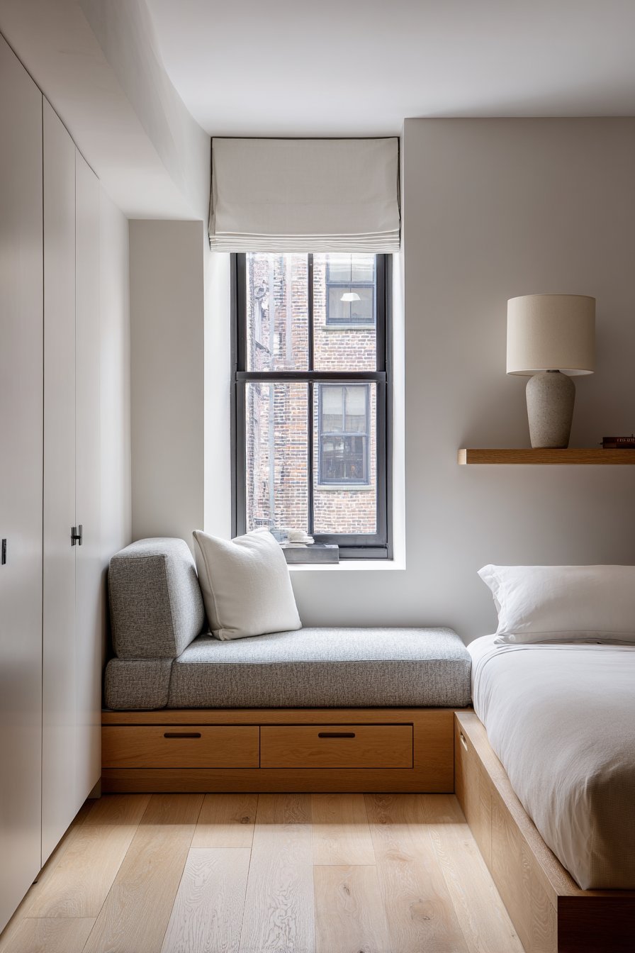 White oak platform bed beside a grey linen window seat with storage drawers on greige walls