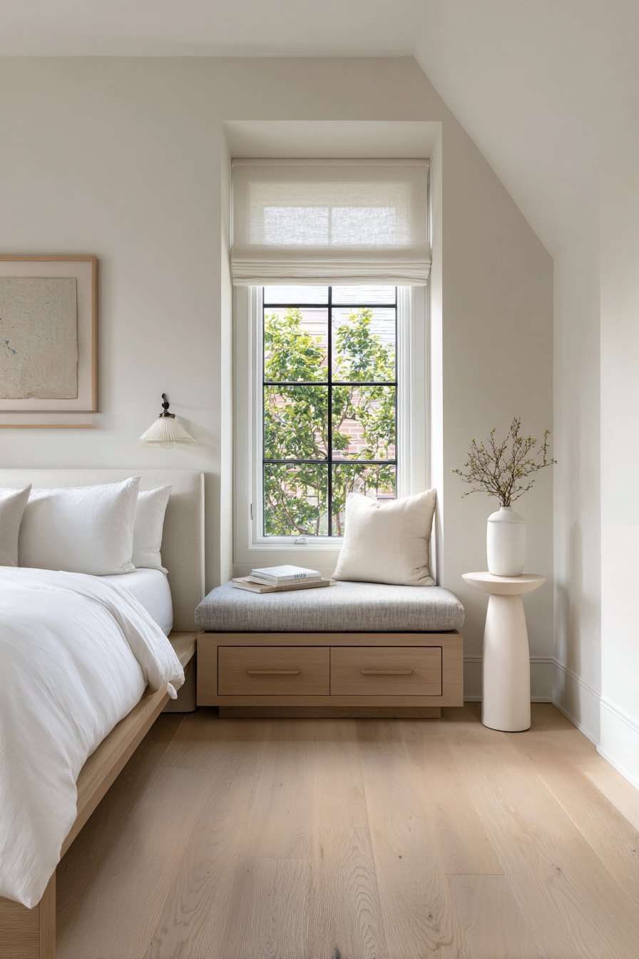 White oak platform bed beside a grey linen window seat with storage drawers on greige walls