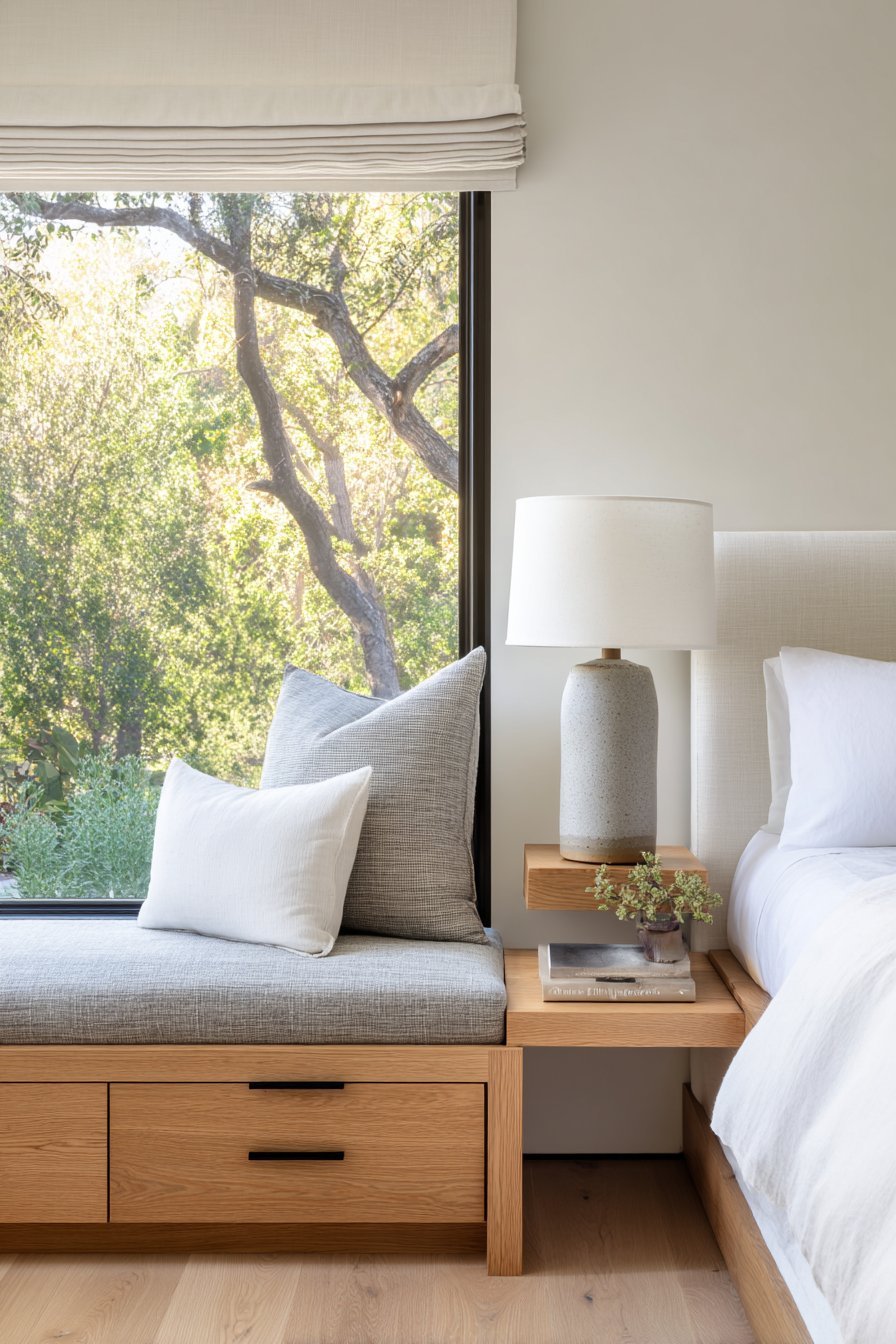 White oak platform bed beside a grey linen window seat with storage drawers on greige walls
