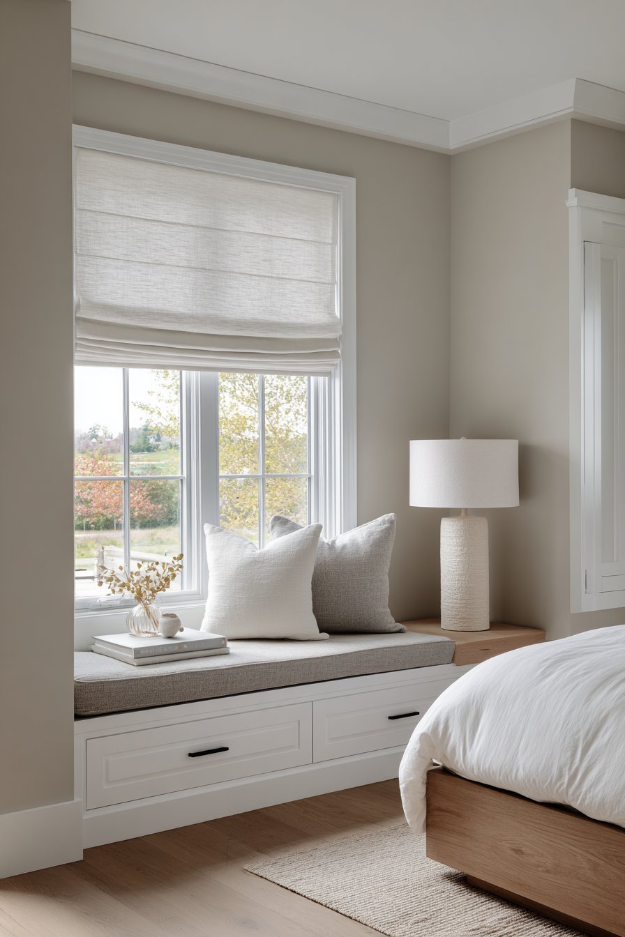 White oak platform bed beside a grey linen window seat with storage drawers on greige walls